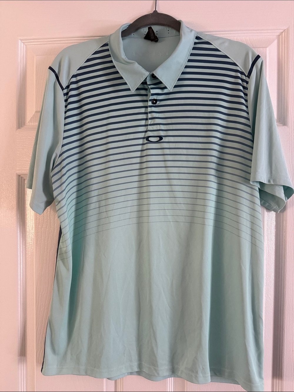 Oakley Men's Light Aqua Polo with Navy Gradient Stripes